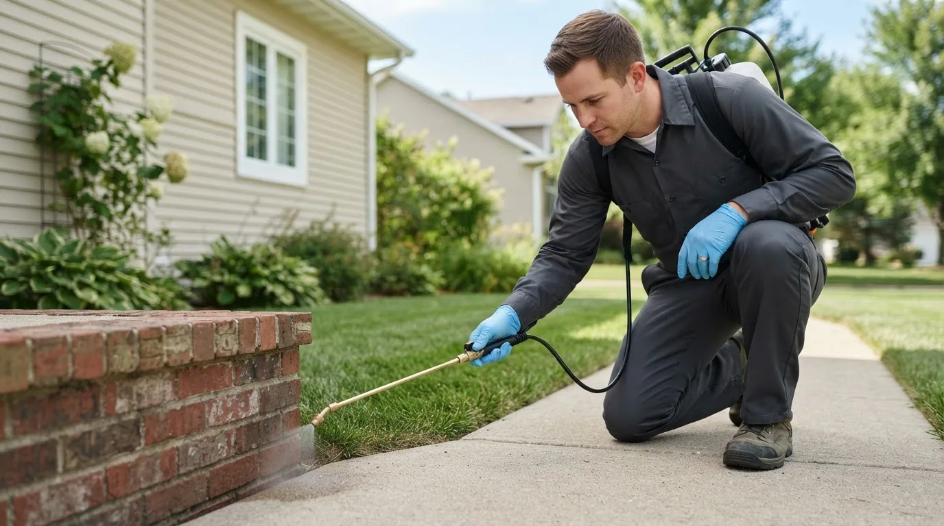 Pest control technician treating a home near Artemas, PA